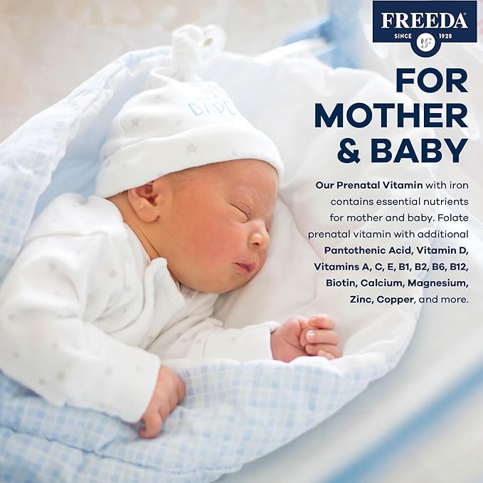 FREEDA Prenatal Vitamin - Kosher Prenatals - Prenatal Vitamins with Iron Prenatal Folic Acid Choline Vitamin D - One Daily Pre Natal Multivitamin Support for Pregnant &amp Lactating Women (250)