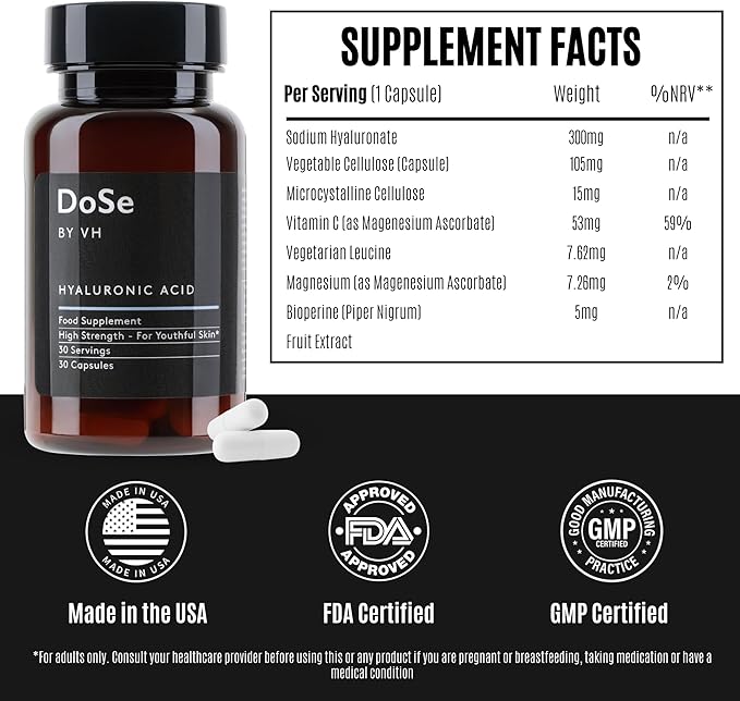 DoSe by VH Hyaluronic Acid Capsules 300mg – Hyaluronic Acid Supplement with Vitamin C – Supports Skin Hydration Joint Comfort &amp Eye Moisture – Vegan Supplement (30 Capsules)