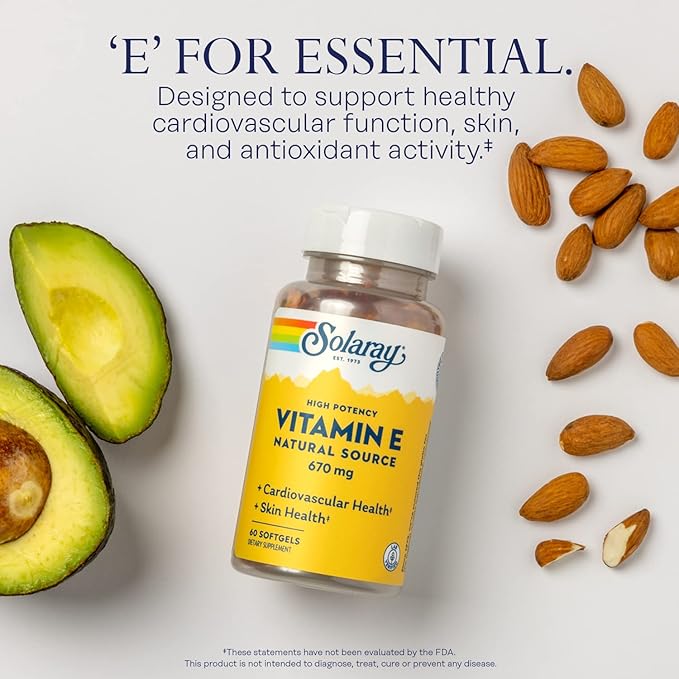 SOLARAY Vitamin E 1000 IU Softgel Capsules 670 mg - d Alpha Tocopherol Vitamin E Supplements - Skin Health Heart Function and Antioxidant Support - 60-Day Guarantee - 60 Servings 60 Softgels