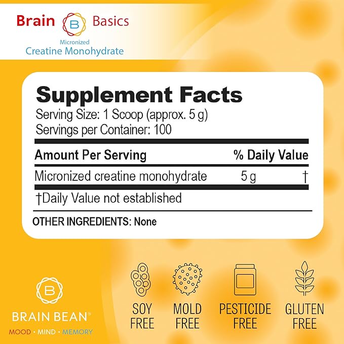 Brain Bean 500mg Unflavored Micronized Creatine Monohydrate Powder Helps Boost Energy for Brain Health - Non-GMO Gluten-Free Creatine Powder Supports Muscle Health (Made in USA)