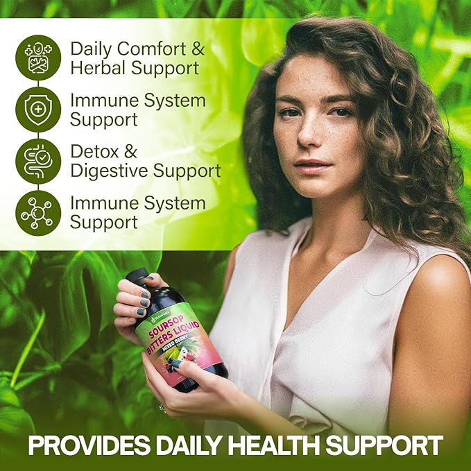 Soursop Bitters Liquid – Herbal Detox Formula with Soursop Ginger Turmeric &amp Black Seed Mixed Berry Flavor – Supports Digestive Balance &amp Immune Wellness – 16 fl oz
