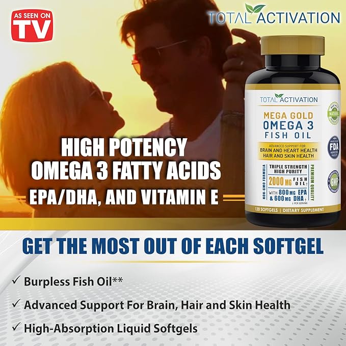 Omega 3 Fish Oil Supplement – 2000mg with EPA DHA &amp Vitamin E – Burpless Triple Strength Support for Men &amp Women – 120 Easy Swallow Softgels