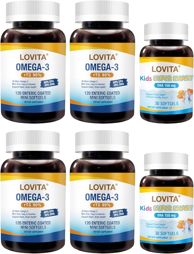 LOVITA Extended Family Bundle - 4 Adult Fish Oil Mini Softgels &amp 2 Kid’s DHA High Absorption rTG &amp Lemon Flavor (6 Pc Set)
