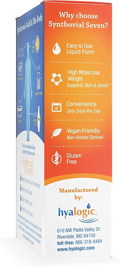 Hyalogic Synthovial Seven Liquid Hyaluronic Acid – Vegan Oral Joint &amp Skin Supplement High Molecular Weight Pure Hydration Support Supplements 1 oz