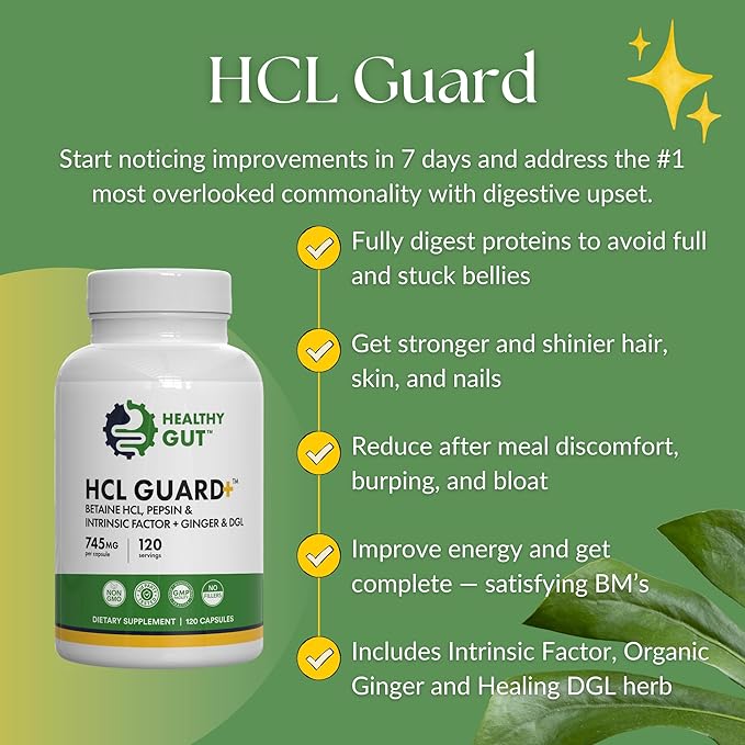 Healthy Gut HCL Guard | Betaine HCl with Pepsin | Betaine Hydrochloride Digestive Supplement w/Organic Ginger Root &amp DGL | 60 Servings