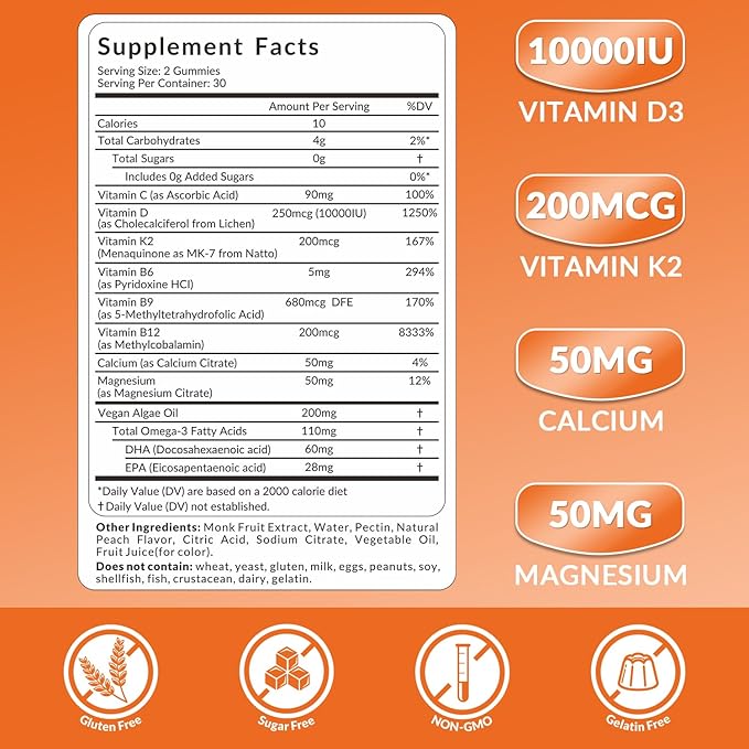Vitamin D3 K2 Gummies Sugar Free Vitamin D3 K2 w/Calcium Magnesium Omega-3 Vitamin CB12 K2 D3 Supplement