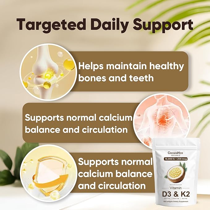 Naturals D3 K2 Essentials Vitamin D3 K2 Vitamin D3 K2 10000 IU+ K2 200 mcg MK-7 Coconut Oil Extra Strength Bone &amp Immune Support 180 Softgels