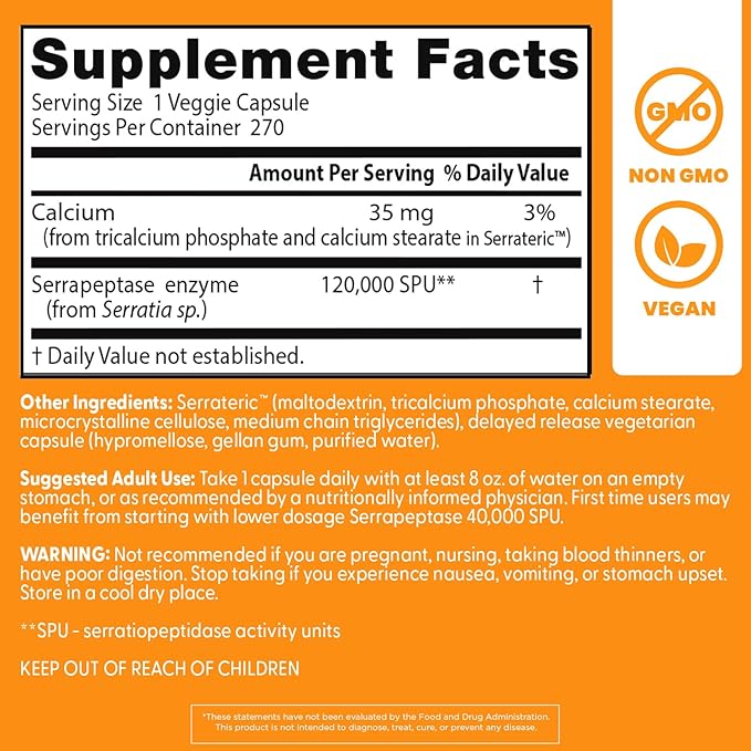 Doctor's Best Serrapeptase Supplement for Men &amp Women - Proteolytic Enzyme for Sinus &amp Immune Health Support 120000 SPU per Veggie Capsule High Potency Formula Non-GMO Vegan - 270 Veg Cap
