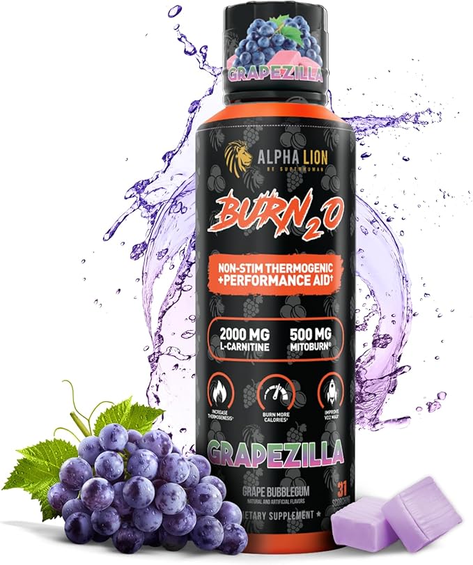 ALPHA LION Burn2O L-Carnitine Liquid 2000mg – Stim Free Super Thermogenic Fat Burner with MitoBurn® &amp CaloriBurn GP® Metabolism Booster Zero Calorie Sugar-Free (31 Servings Grapezilla Flavor)