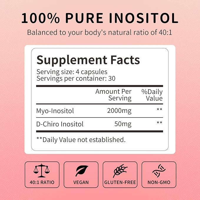 Myo-Inositol &amp D-Chiro Inositol (40:1 Ratio) - Support Hormone Balance Fertility &amp Ovarian Health - 120 Vegan Capsules 30-Day Starter Pack