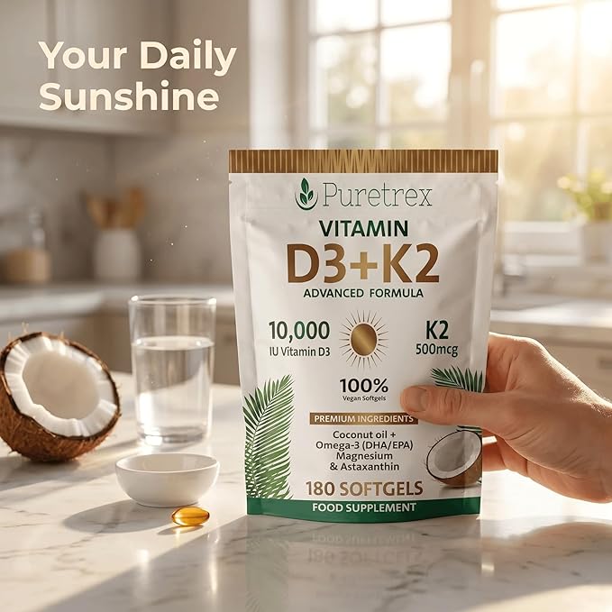 Vitamin D3 10000 IU + K2 MK-7 (500mcg) | High-Strength Vegan D3 from Lichen | Omega-3 DHA/EPA Astaxanthin Black Seed Oil &amp Algal DHA | Immune Bone Heart &amp Muscle Support | 180 Softgels