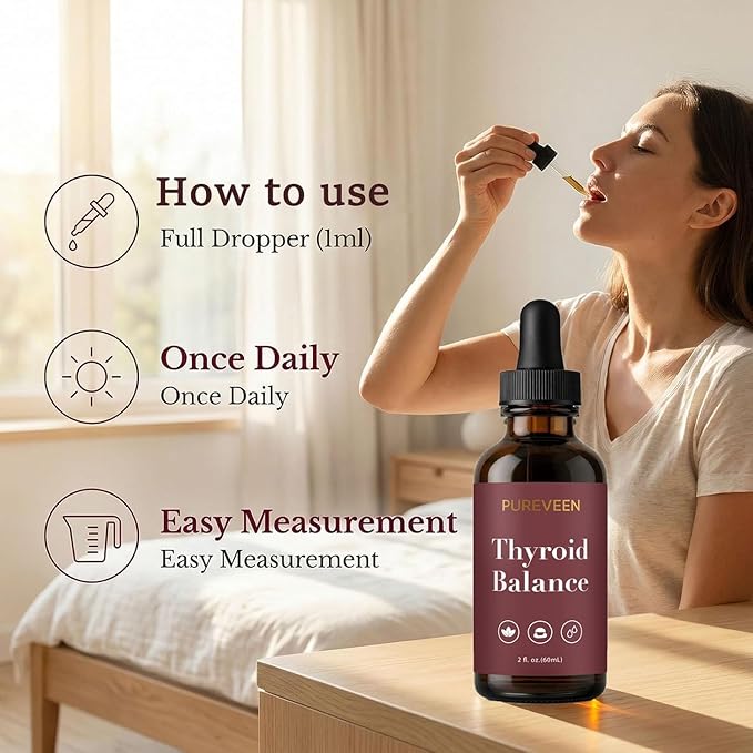 Pureveen Thyroid Restore Thyroid Support Drops for Women Liquid Supplement with Milk Thistle Selenium Zinc Magnesium Daily Wellness &amp Energy Support for Women 60ML