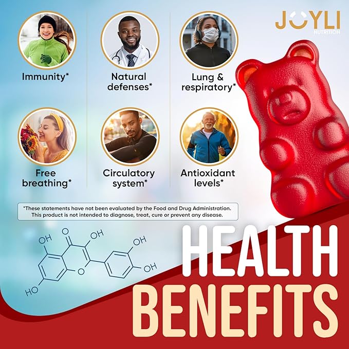 JOYLI Quercetin Gummies - Quercetin with Bromelain Zinc Vitamin C &amp Vitamin D3 - Quercetin Supplement 500MG for Immune System &amp Allergy - Quercetin for Kids and Adults - 60 Quercetin Chewable