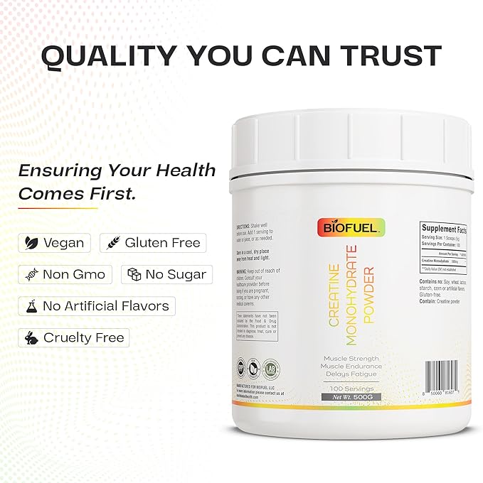 Biofuel Creatine Monohydrate Powder – Enhances Muscle Building Strength and Performance – 500g 100 Servings