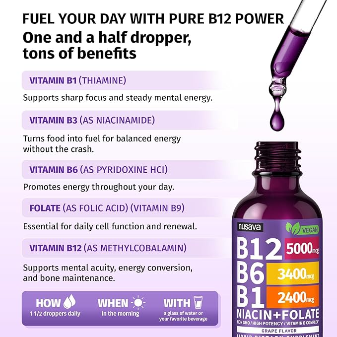 (2 Pack) Vitamin B12 and B6 Liquid Drops B12 Sublingual Vitamin B Complex - B 12 Vitamin 5000mcg - B12 Methylcobalamin for Energy Brain Heart Support with 27200 mcg Grape Flavor 80 Servings