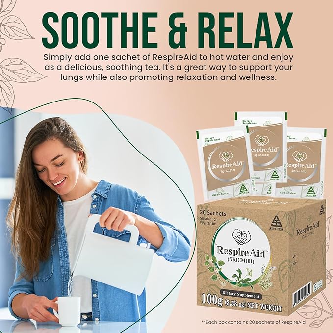 Sun Ten RespireAid™ All-Natural Lung Cleanse &amp Detox. Contains Natural Herbal Properties to Support Healthy Lung Function &amp Breathing. 100g (20 sachets) 5g per Sachet