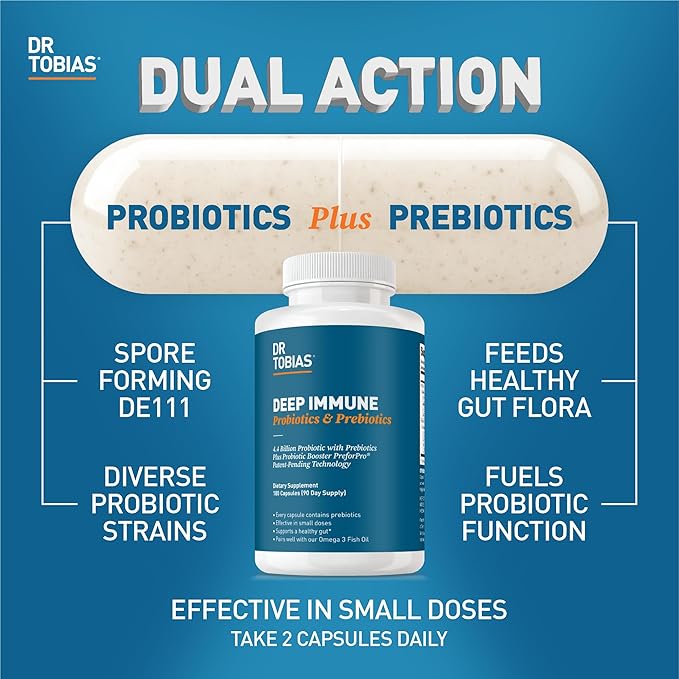 Dr. Tobias Deep Immune Probiotics &amp Prebiotics - Dual Action Digestion &amp Immune Support with PreforPro Prebiotics &amp Spore Forming Probiotics for Women &amp Men - 180 Capsules (90 Servings