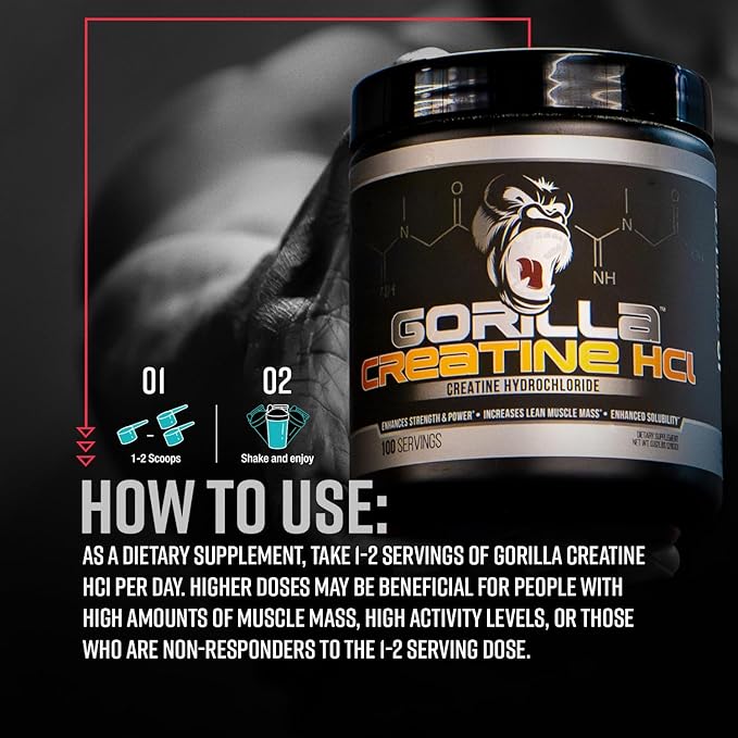 Gorilla Mind CON-CRĒT® Creatine HCl W/Pepsin Unflavored | GI-Friendly Alternative | Muscle Size Power Output Strength Brain Health &amp Performance | Convenient 2.5 Grams per Serving 100 Serving