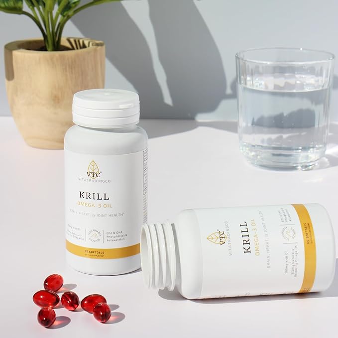 VTC VitaTradingCo. Krill Omega-3 Oil Supplement | 100mg Pure Antarctic Neptune Krill Oil (NKO) | EPA &amp DHA Astaxanthin | Brain Heart Joint &amp Eye Support | 60 Softgels