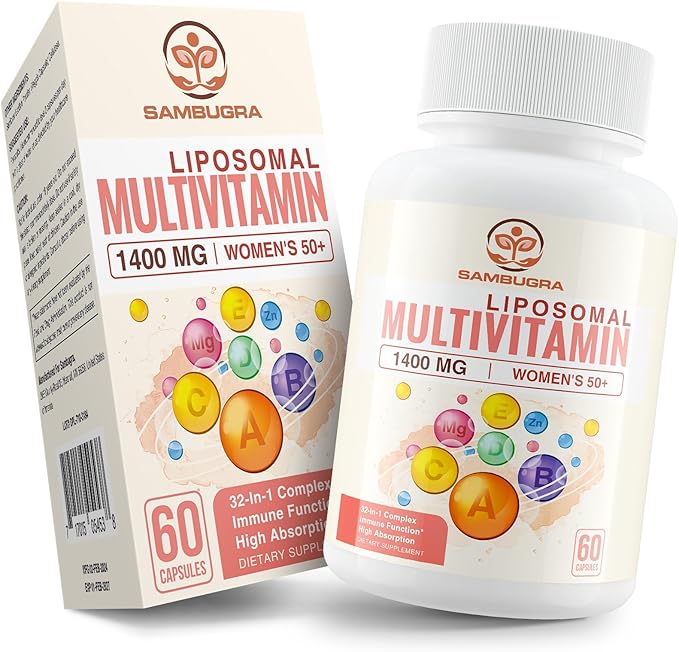 Sambugra Liposomal Multivitamin for Women 50+ - Women Daily Multivitamin with 32 Ingredients CoQ10 Vitamins C B D E for Cardiovascular &amp Bone Health Support - Iron-Free (60 Capsules)