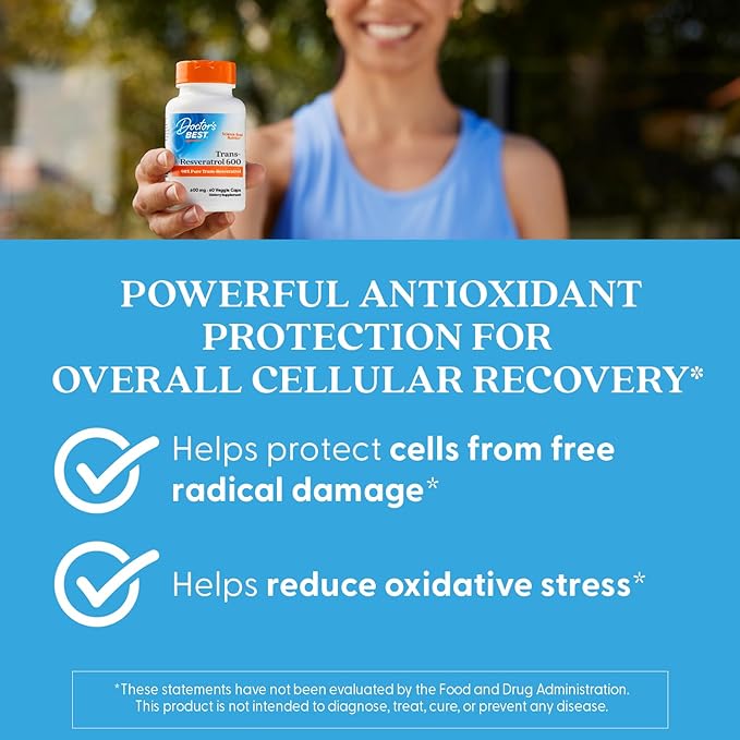 Doctor's Best Trans Resveratrol Supplement 600 mg for Men &amp Women - 98% Pure Trans-Resveratrol Capsules for Nutrition Health &amp Wellness Support Vegan Gluten Free Non GMO - 60 Veg Caps
