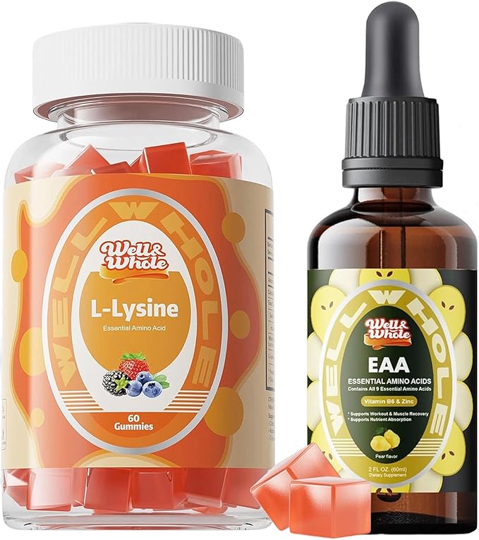 Well&ampWhole L-Lysine Gummies 1000mg and Essential Amino Acid (EAA) Liquid Drops &amp Liver Support Liquid Supplement
