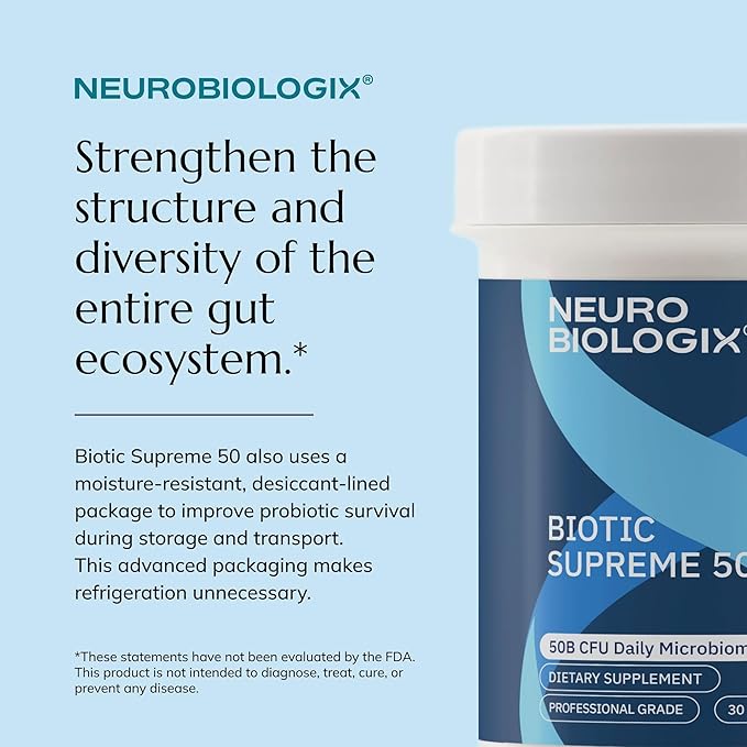 Neurobiologix Biotic Supreme 50 50 Billion CFU Probiotics with Akkermansia Saccharomyces boulardii Prebiotic Supports Gut Flora Microbial Digestive &amp Immune Health 30 Capsules
