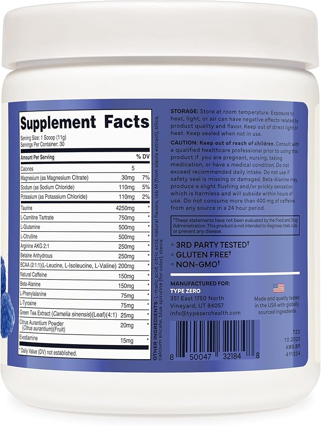 Type Zero Amino Burn - Vegan BCAA + Clean Pre Workout Powder with Arginine AKG L-Citrulline &amp Beta Alanine - Amino Acid Clean Energy Endurance &amp Hydration Supplement - Blue Raspberry 30 Ser