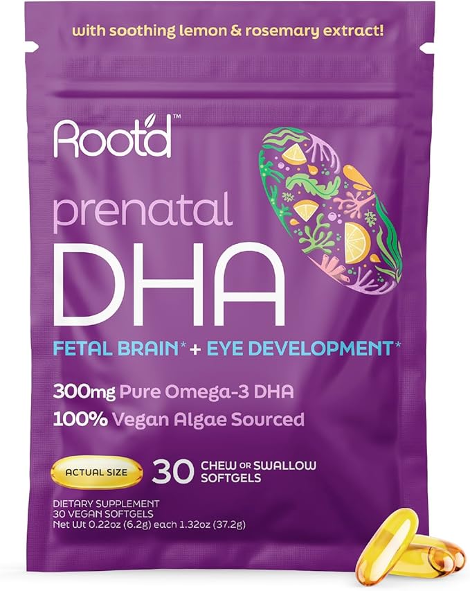 Root'd Prenatal DHA - 300mg Pure Vegan Omega-3 DHA from Algal Oil Plant-Based Prenatal Supplement for Pregnancy Fetal Brain &amp Eye Development Non-GMO Lemon &amp Rosemary Flavor 30 Softgels