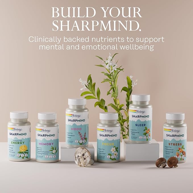 SOLARAY SharpMind Mood Support Supplement Nootropic for Relaxation and Emotional Well-Being Zembrin Holy Basil Lithium 5mg Organic Reishi Mushroom 60 Day Guarantee 30 Servings 30 VegCaps