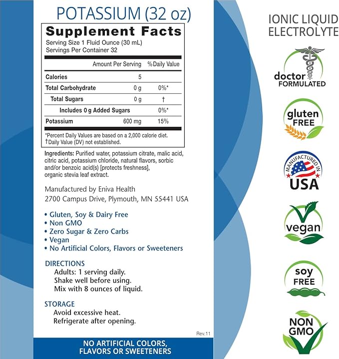 Eniva Health - Liquid Ionic Potassium Supplement for Electrolyte Replacement and Metabolic Support | 600 MG | Gluten-Free Sugar-Free and Keto-Friendly | Dietary Supplement (32oz) - 32 Servings
