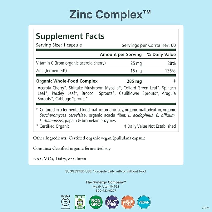 PURE SYNERGY Zinc Complex | Immune Support Supplement | Natural Vegan Zinc Complex with Vitamin C and Organic Whole Foods | for Immune Brain and Skin Health (60 Capsules)