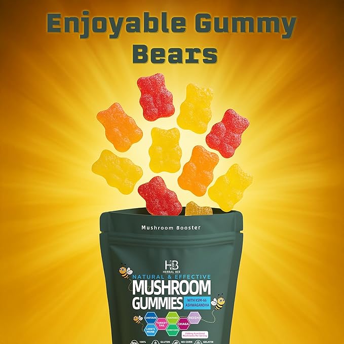Organic Ashwagandha &amp Lions Mane Mushroom Gummies - Reishi Cordyceps Turkey Tail Maitake Shitake &amp Chaga Immune Support &amp defense Brain Boost Vegan All-in-One Superfood supplement