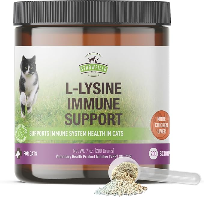 Strawfield Pets L-Lysine Immune Support Granules for Cats &amp Kittens - Immune Health Supplement Cat Cold Relief Sneezing Congestion Running Nose Watery Eyes Chicken Liver Flavor 200 Scoops Per