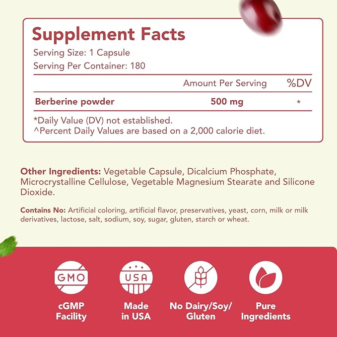 High Strength Berberine Supplement 500mg - Once Daily Potent Berberine 500mg Antioxidant Quercetin Supplement for Heart Aging and Vitality Support - Vegan Friendly &amp Made in the USA (180 Servings)