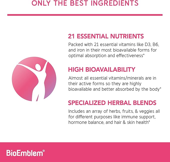BioEmblem Women's Multivitamin - Complete Daily Multi for Immunity Energy Hair Skin with Vitamin A B12 B6 D3 Biotin Iron Magnesium Collagen and Veggie Blends - Gluten Free - 90 Capsules