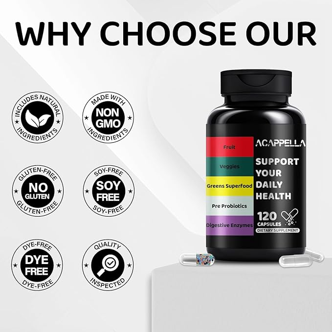 ACAPPELLA Fruit and Veggies Capsule with Greens Superfood Extract Digestive Enzymes with Probiotics and Prebiotics Fruits and Vegetables Supplements for Men and Women (1)