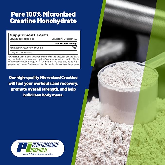 PERFORMANCE INSPIRED Nutrition Micronized Creatine Monohydrate – 100% Pure Unflavored – 5G Per Serving – 100 Servings – 1.1 LB