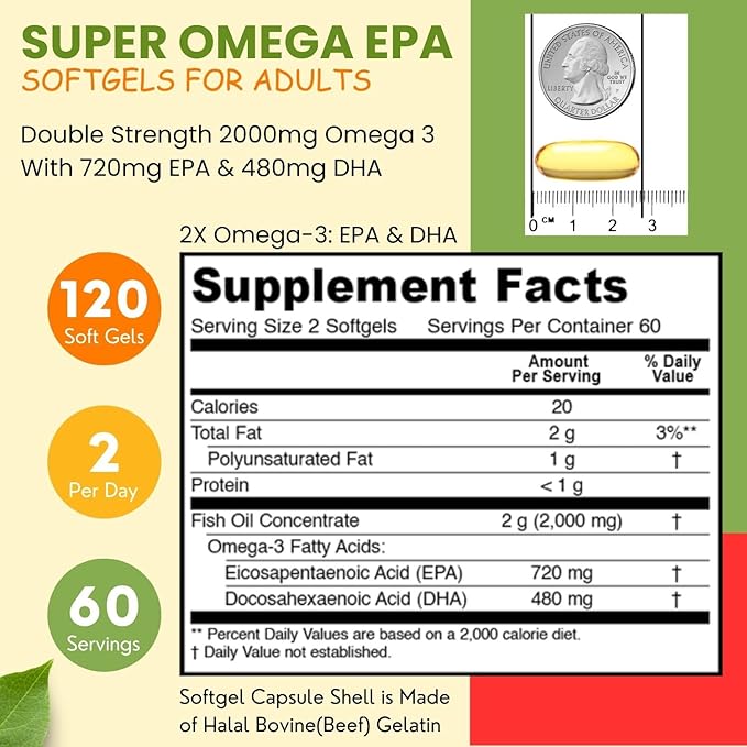 SHIFAA NUTRITION Halal Fish Oil Softgels 120 Ct Double Strength - Halal Omega 3 Fish Oil Supplements. Wild Caught Non-GMO &amp Purified