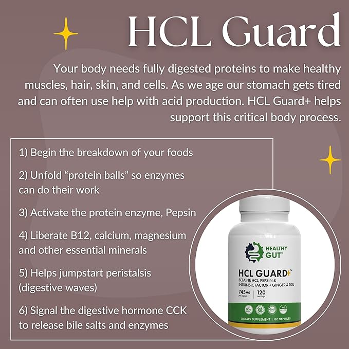 Healthy Gut HCL Guard | Betaine HCl with Pepsin | Betaine Hydrochloride Digestive Supplement w/Organic Ginger Root &amp DGL | 60 Servings