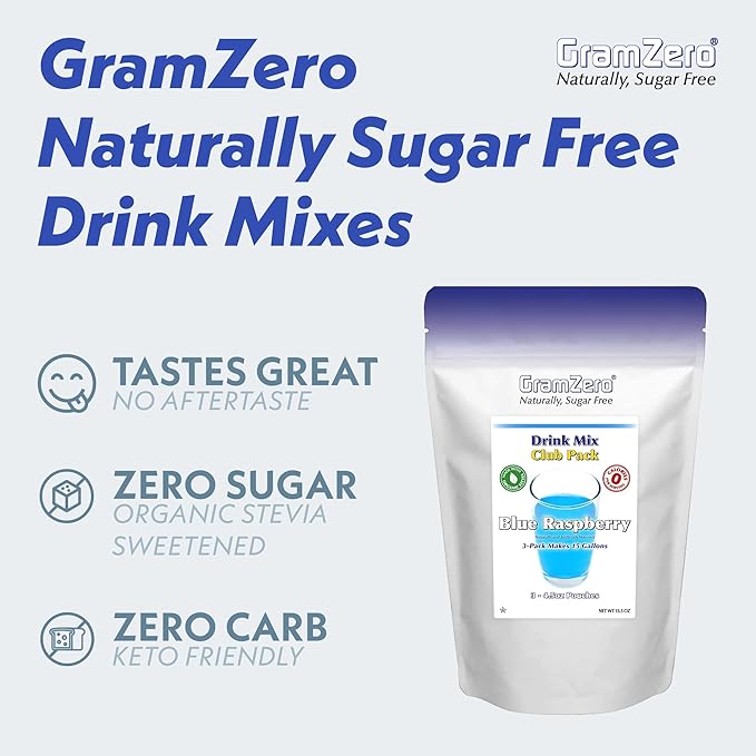 GramZero All Natural Blue Raspberry Zero Calorie Sugar Free Drink Mix Great For Nutrition Club Loaded Tea Stevia Sweetened