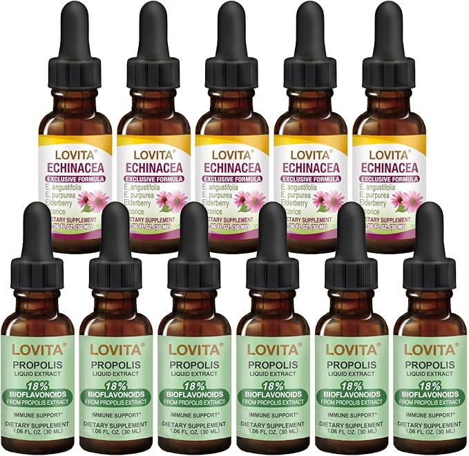 LOVITA 11-Pack Stock Up Bundle - 6 Propolis &amp 5 Echinacea Liquid Extracts High Potency Bee Propolis &amp Elderberry Blend (11 Pc)