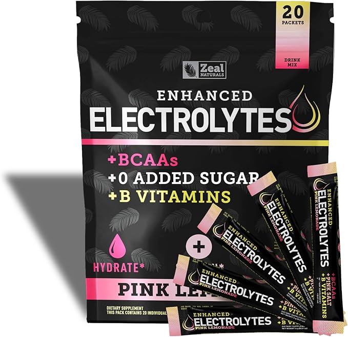 Zeal Naturals Enhanced Electrolyte Powder Stick Packs (Pink Lemonade - 20 Packets) Sugar Free + BCAA B-Vitamins &amp Pink Himalayan Salt - Keto Electrolytes Hydration Powder