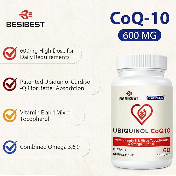 Besibest Ubiquinol CoQ10-600mg-Softgel Active Coq10 Ubiquinol Supplement with Vitamin E &amp Omega 3 6 9 High Absorption-Coenzyme-Q10 Powerful Antioxidant for Energy Production Tested 60 Count