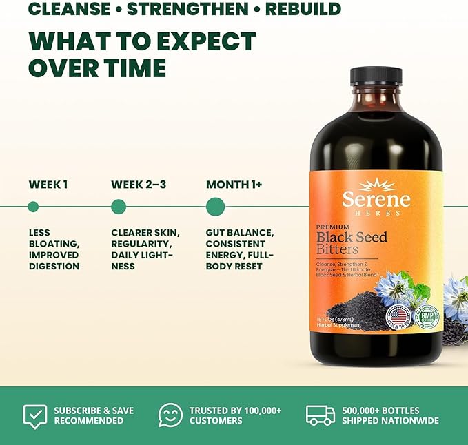 Serene Herbs Organic Black Seed Oil Bitters Liquid - Black Cumin Seed Extract Nigella Sativa Pure Blackseed Supplement with Thymoquinone for Immune Support &amp Digestion - Vegan - 16 oz