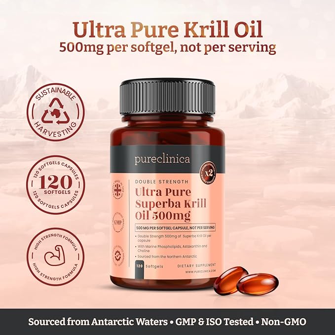 Ultra Pure Krill Oil 500mg x 480 Capsules (4 Bottles) - Sourced in The Unpolluted Waters of Antarctic Providing a Rich Supply of Astaxanthin and Omega 3