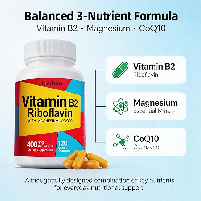 Vitamin B2 Riboflavin 400mg with Magnesium &amp CoQ10 High Potency Vitamin B2 Supplement for Energy Metabolism &amp Daily Wellness 120 Veggie Capsules 60 Day Supply