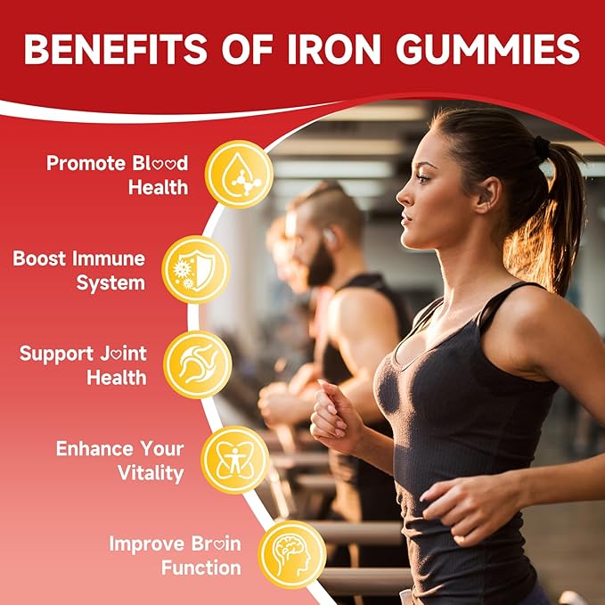 Vegan Iron Gummies for Women &amp Men Iron Supplement with B-Complex Vitamin C A Folate for Adults &amp Kids - Blood Builder &amp Energy Support &amp Immune Health - Strawberry Flavor 120 Gum