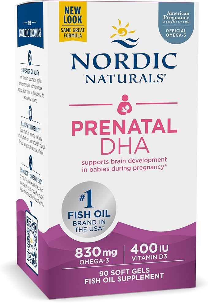 Nordic Naturals Prenatal DHA Unflavored - 830 mg Omega-3 + 400 IU Vitamin D3 - 90 Soft Gels - Supports Brain Development in Babies During Pregnancy &amp Lactation - Non-GMO - 45 Servings