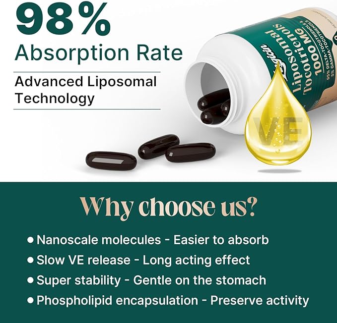 Vitamin E Tocotrienols - Liposomal Vitamin E Oil 1000mg Highly Absorbable Delta Tocotrienol and Gamma Tocotrienol 60 Softgels